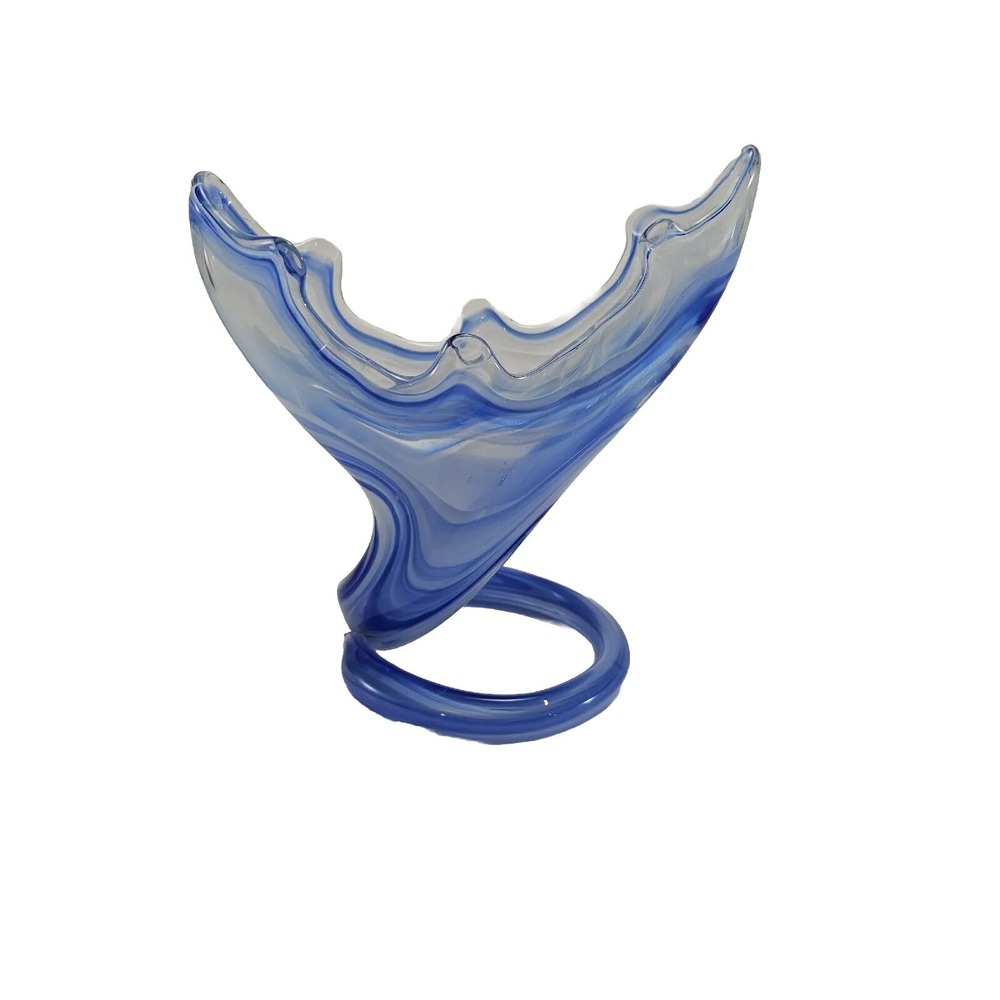 Art Glass Vase Swirled Blue and White Trumpet Decorative Coiled Base‎ 7.25in